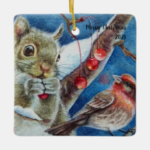 Winter Squirrel Finch Bird Berries Waterverf Art Keramisch Ornament