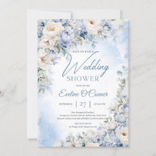 Winter Stoffig Blauw en Ivoor Bloemen Trouwdouche Kaart