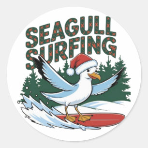 Winter Surfer Zeemeeuw, Zeemeeuw Vrolijk Kerstfees Ronde Sticker