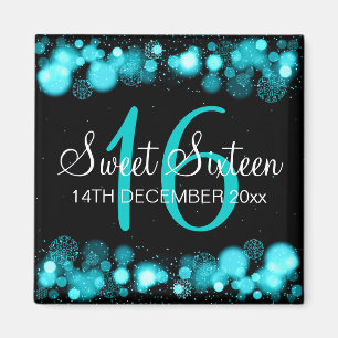 Winter Sweet 16 Birthday Turquoise Bokeh Lights Magneet