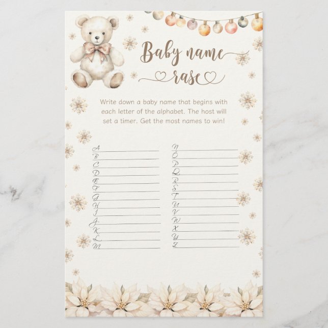 Winter Teddy Bear baby naam race baby shower spel (Voorkant)