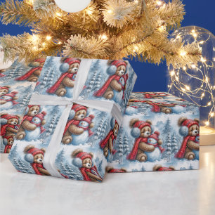 Winter Teddy Bear en Sneeuwman Cadeaupapier