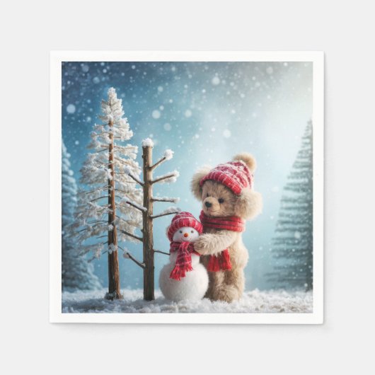 Winter Teddy Bear en Sneeuwman Servet (Voorkant)