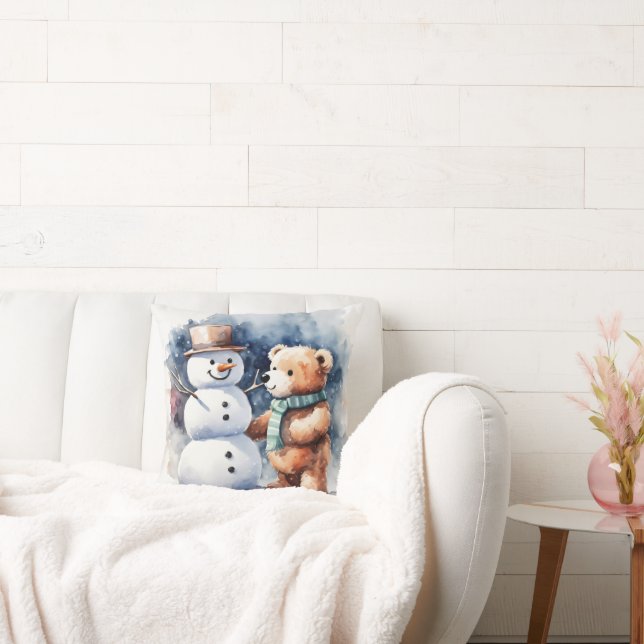 Winter Teddybeer en sneeuwman Kussen (Bank)