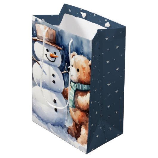 Winter Teddybeer en sneeuwman Medium Cadeauzakje (Voorkant Gekanteld)