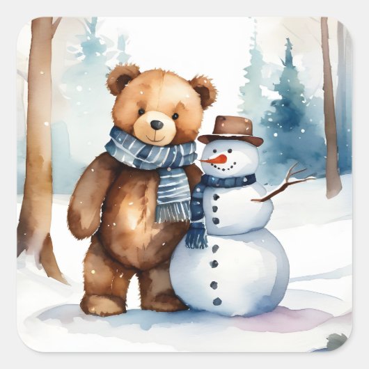 Winter Teddybeer en sneeuwman Vierkante Sticker (Voorkant)