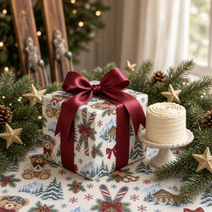 Winter Teddybeer Skilodge Bourgondische Strik Cadeaupapier
