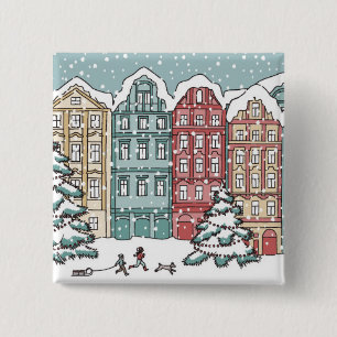 Winter Town Scene Vierkante Button 5,1 Cm