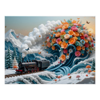 Winter Train Papercraft Scene Perfect Poster
