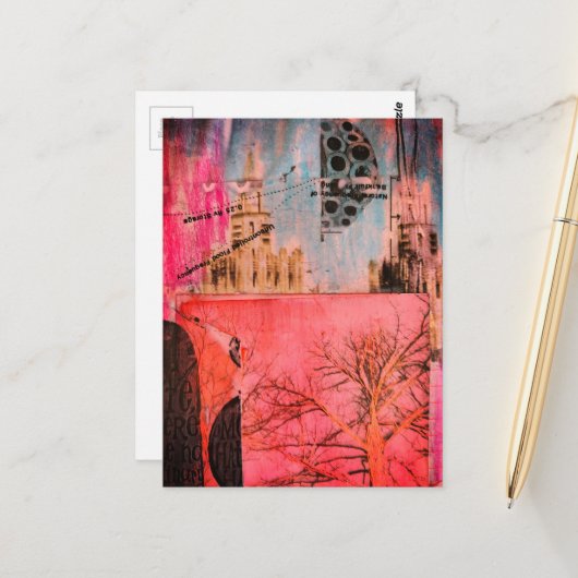 Winter Tree and Buildings Mixed Media Collage Briefkaart (Voorkant / Achterkant in situ)