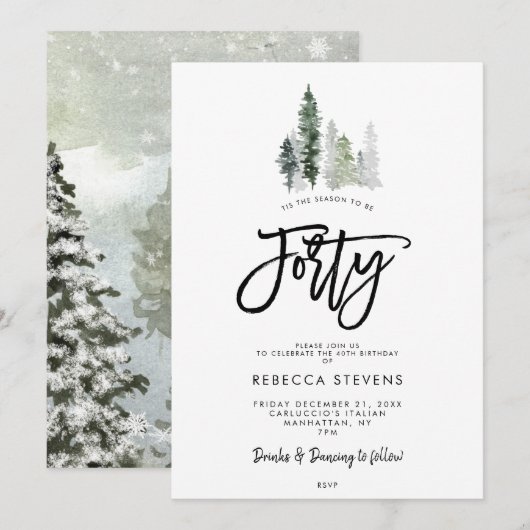 winter trees festive 40th birthday invitation (Devant / Derrière)