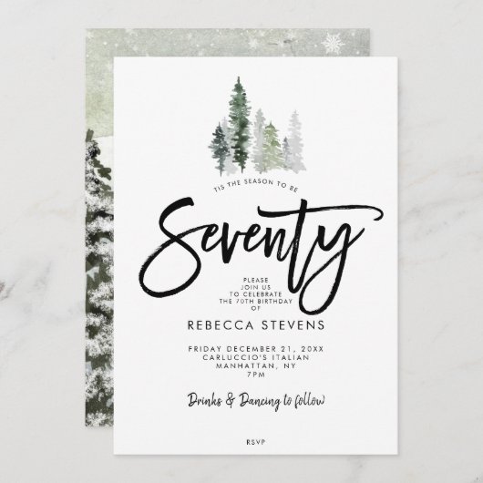 winter trees festive 70th birthday invitation (Devant / Derrière)