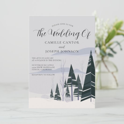 Winter Trees Modern Snowy Forest Holiday Weddensch Kaart (Staand voorkant)