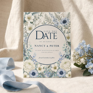 Winter trouwkaart 'Save the Date' | Blauwe bloemen Save The Date