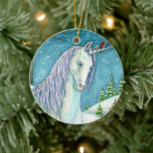 WINTER UNICORN EN VOGELS, VREEDZAME SNEEUWVANTASY KERAMISCH ORNAMENT (Boom)