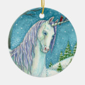 WINTER UNICORN EN VOGELS, VREEDZAME SNEEUWVANTASY KERAMISCH ORNAMENT (Voorkant)