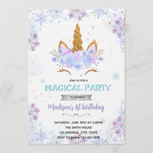 Winter unicorn theme invitation (Devant)