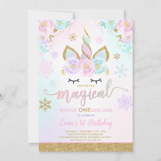 Winter Unicorn Uitnodiging Winter ONEderland Parti (Voorkant)