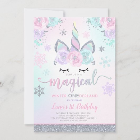 Winter Unicorn Uitnodiging Winter ONEderland Parti (Voorkant)