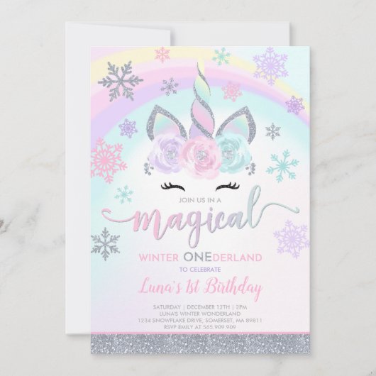 Winter Unicorn Uitnodiging Winter OneDerland Party (Voorkant)