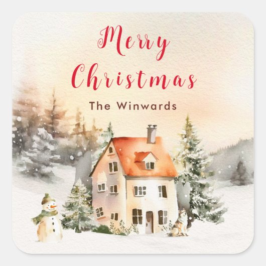 Winter Vakantiehuis Vrolijk kerstfeest Vierkante Sticker (Voorkant)