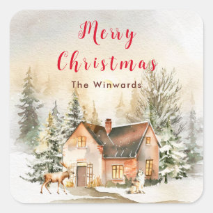 Winter vakantiehuisje vrolijk kerstfeest vierkante sticker