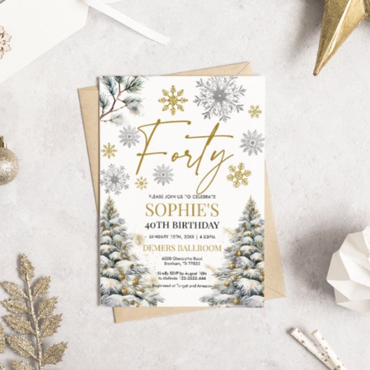 Winter Veertig Verjaardag Uitnodiging Goud en Zilv