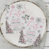 Winter Veertig Verjaardag Uitnodiging, Roze en Zil Kaart