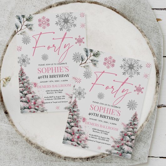Winter Veertig Verjaardag Uitnodiging, Roze en Zil Kaart