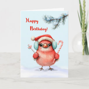 Winter Verjaardag Schattigee Vogel in Santa Hat me Kaart