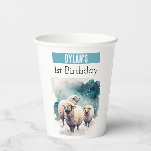 Winter vibes schapen - 1e verjaardag - papieren bekers (Achterkant)