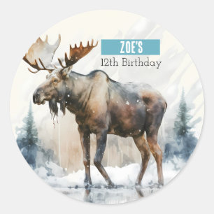 Winter Vibes Waterverf Moose - Verjaardagsfeest - Ronde Sticker