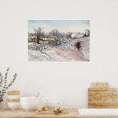 Winter Village Landschap Waterverf Print Poster (Keuken)
