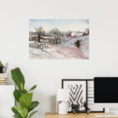 Winter Village Landschap Waterverf Print Poster (Thuiskantoor)