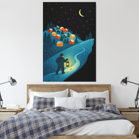 Winter Village Lantern Walk Night Wrapped Canvas A (Insitu (Slaapkamer))