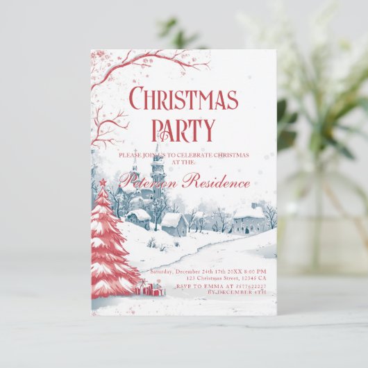 Winter Village Rood en Wit Kerstfeest Kaart (Staand voorkant)