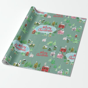Winter Village Scene Merry Kerstry Cadeaupapier