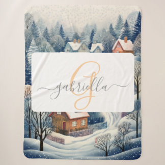 Winter Village Scene met Monogram & Naam Sherpa Deken