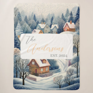  Winter Village Scene met Naam & Jaar Sherpa Deken