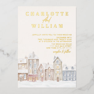 Winter Village Town Kerstvakantie bruiloft Folie Uitnodiging