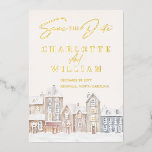 Winter Village Town Sneeuwvakantie Save the Date Folie Uitnodiging