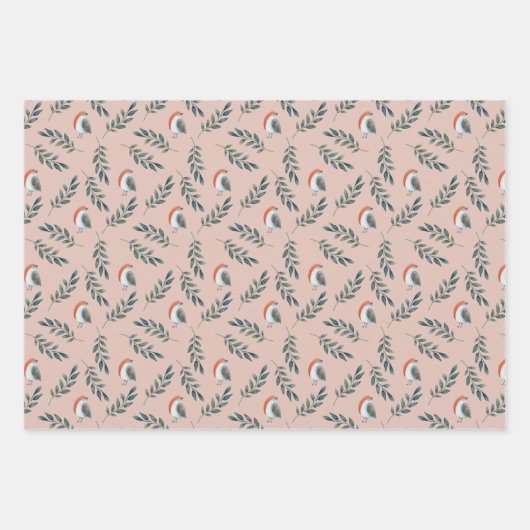 Winter Vogel en Bladeren Patroon Inpakpapier Vel (Voorkant)