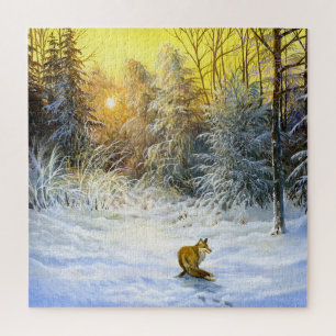 Winter Vos Zonsondergang Landschap. Legpuzzel