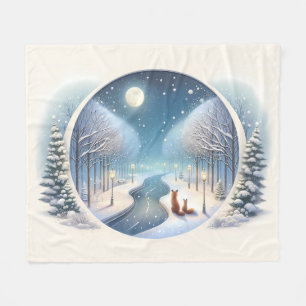 Winter Vossen bij Maanverlichte Besneeuwde Rivier Fleece Deken