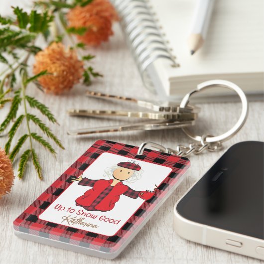 Winter Vrouw Cartoon Grappig Gezegde Buffalo Plaid Sleutelhanger (Voorkant Rechts)