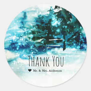Winter Watercolor Besneeuwde Bos Dennenbomen Trouw Ronde Sticker