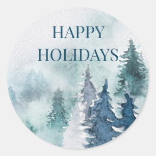 Winter Watercolor Dennengebergte Blauw Groen Aange Ronde Sticker