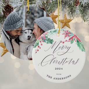 Winter Waterverf Botanicals Foto Vrolijk Kerstfees Keramisch Ornament