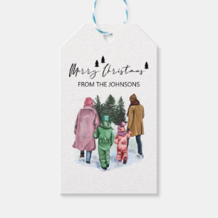 Winter Waterverf Familie van 4 kerst Cadeaulabel