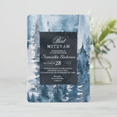 Winter Waterverf Forest & Navy Blue & White Invit Kaart (Staand voorkant)